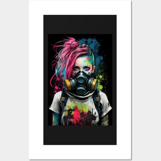 Punk Girl Wearing Gas Mask | Post-apocalyptic | Anarchist Streetwear | Punk Fashion | Colorful Punk Artwork | Tattoos and Piercings | Paint Splash Wall Art by GloomCraft